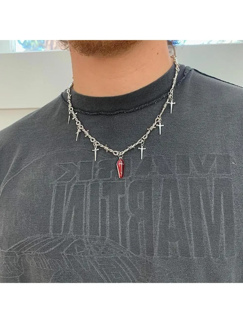 Y2k 2000s punk barbed wire knife cross red coffin pendant emo grunge style